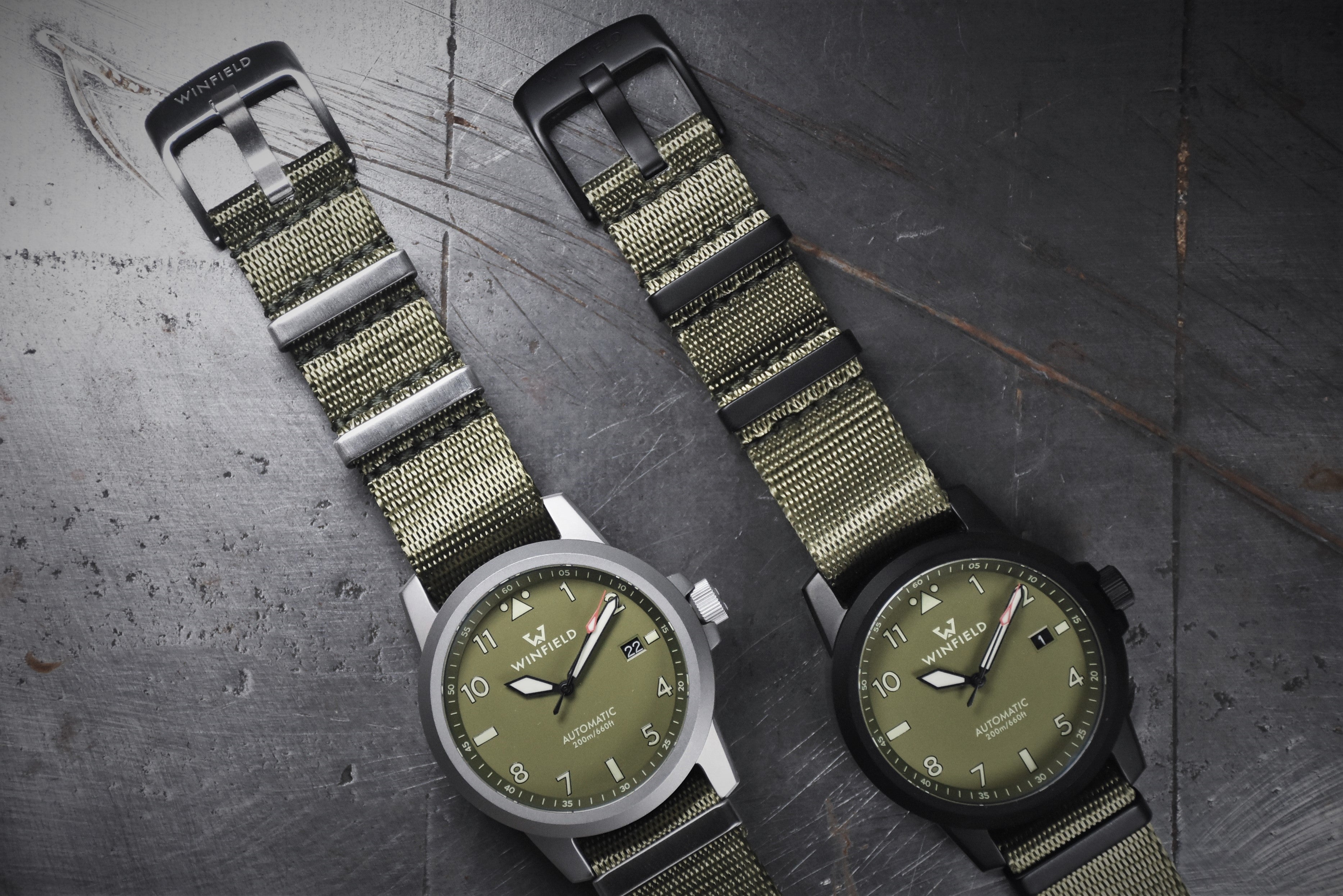 Winfield Field Lead is a true field watch.  Automatic movement and 200m water resistance.